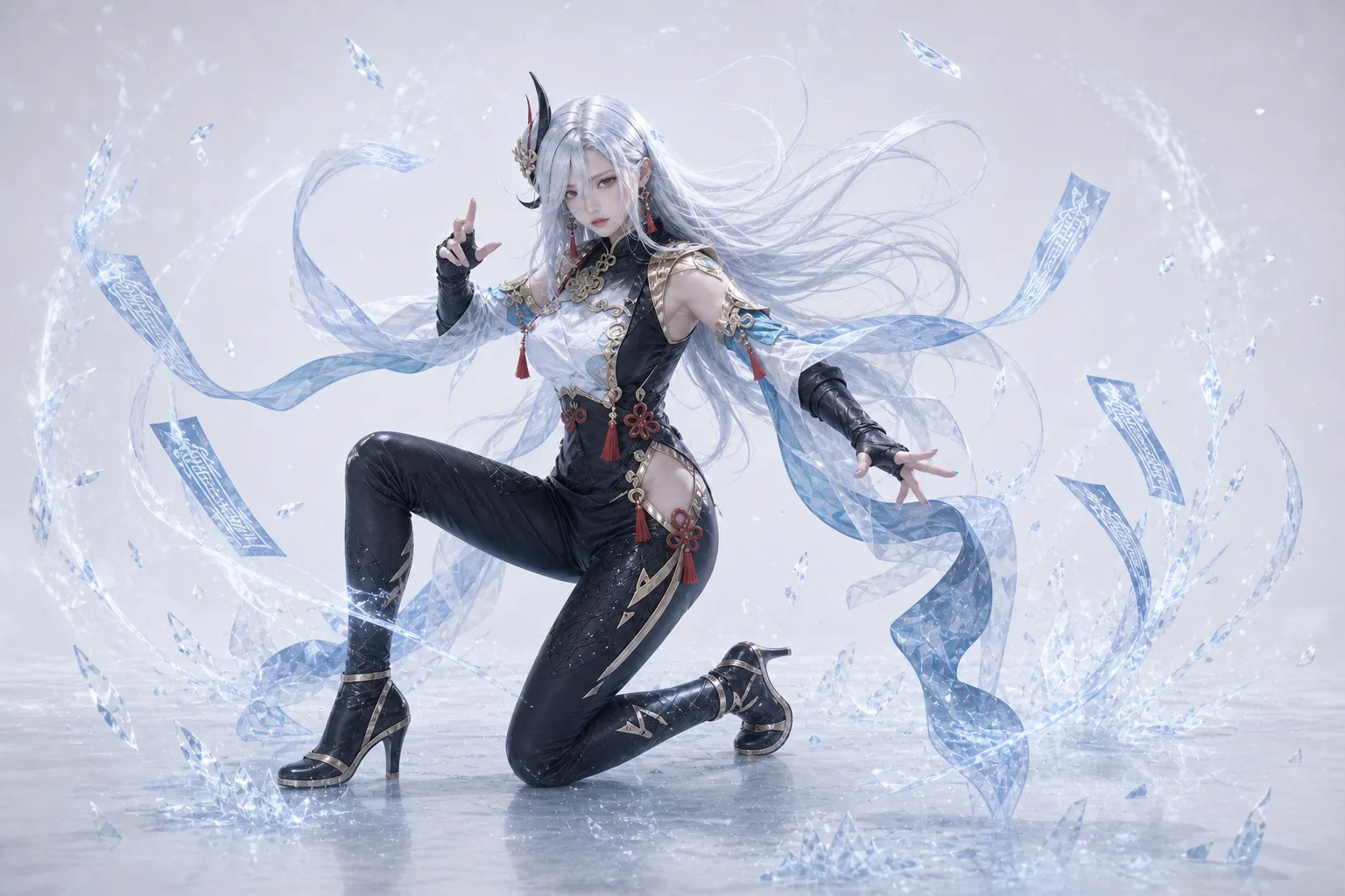 申鹤半跪冰晶施术 Cosplay 拍摄动作参考图