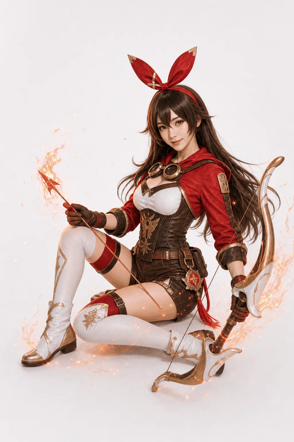 安柏全身盘腿坐姿横弓 Cosplay 拍摄动作参考图