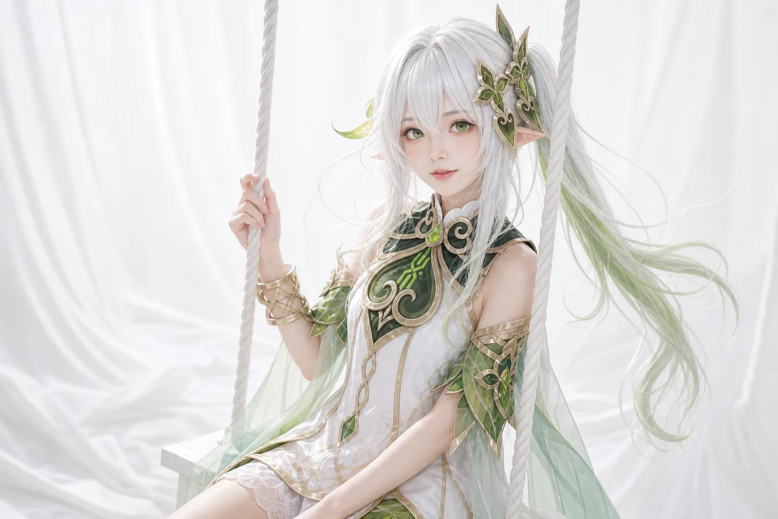纳西妲轻握秋千绳 Cosplay 拍摄动作参考图