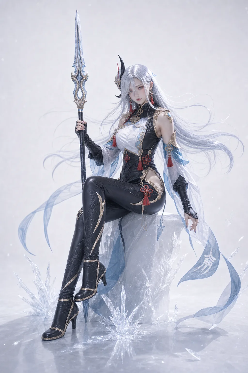 申鹤坐姿持枪冰晶 Cosplay 拍摄动作参考图