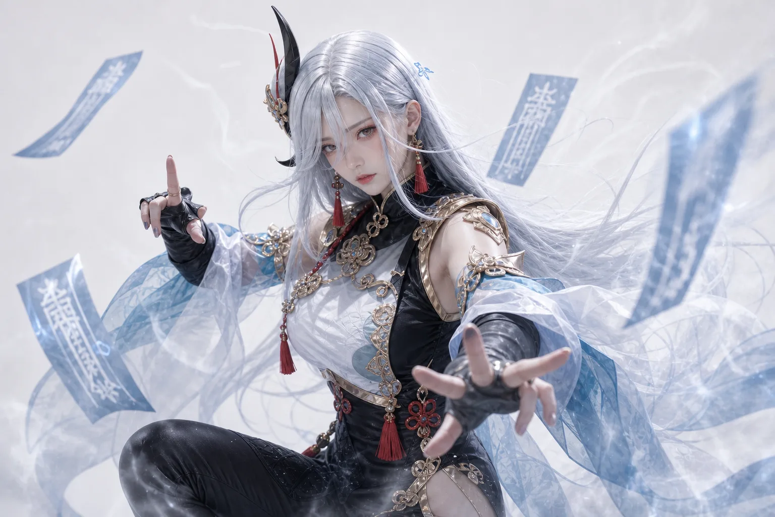 申鹤单膝符纸寒气 Cosplay 拍摄动作参考图