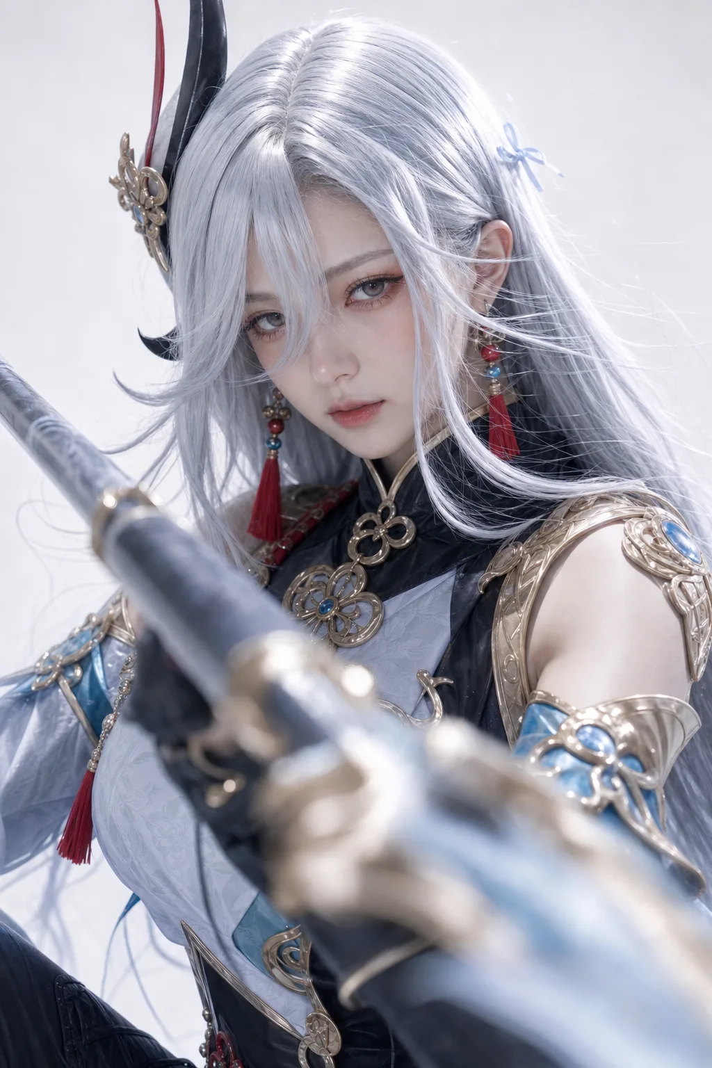 申鹤长枪前景特写 Cosplay 拍摄动作参考图
