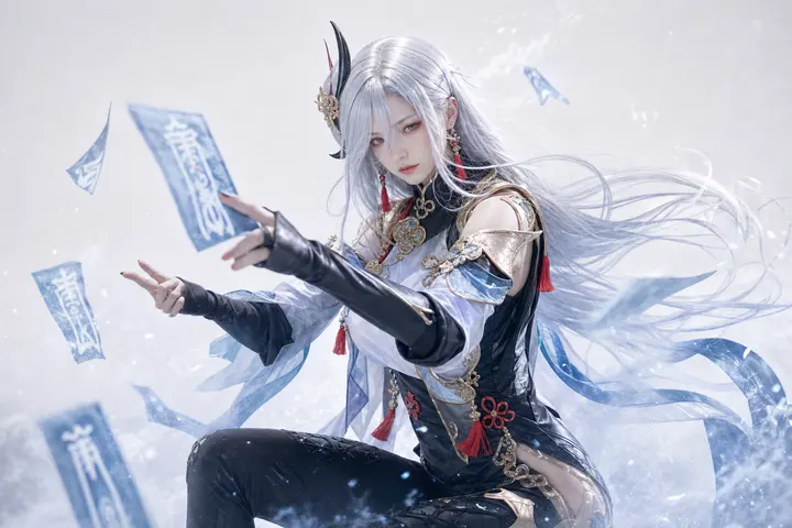申鹤半跪符纸冰雾 Cosplay 拍摄动作参考图