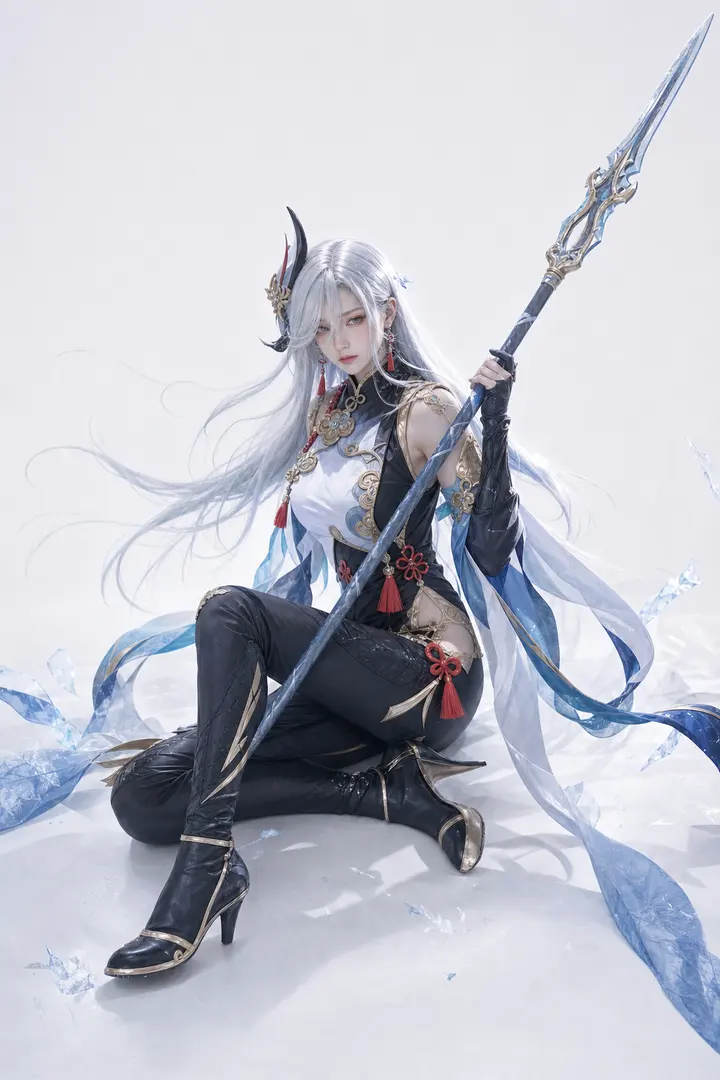申鹤坐姿长枪冷白棚 Cosplay 拍摄动作参考图