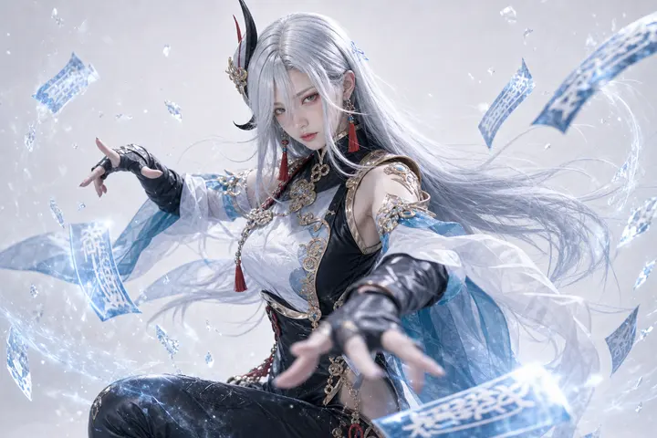 申鹤坐姿符纸飞散 Cosplay 拍摄动作参考图