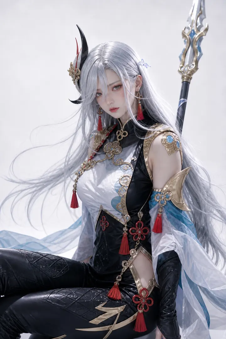 申鹤坐姿长枪端庄 Cosplay 拍摄动作参考图