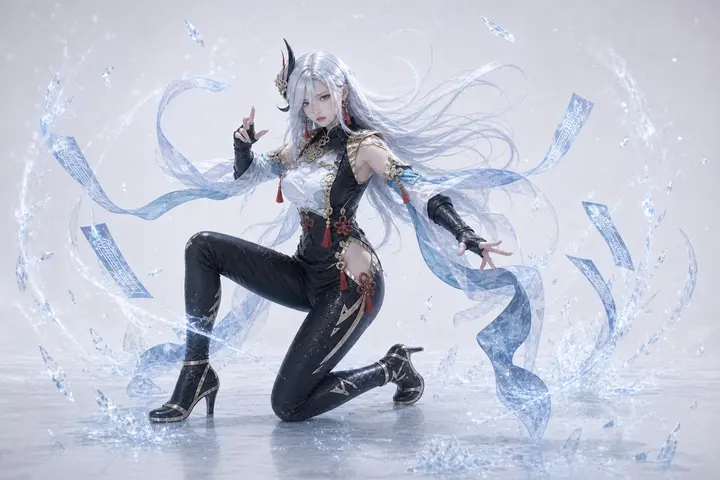 申鹤半跪冰晶施术 Cosplay 拍摄动作参考图