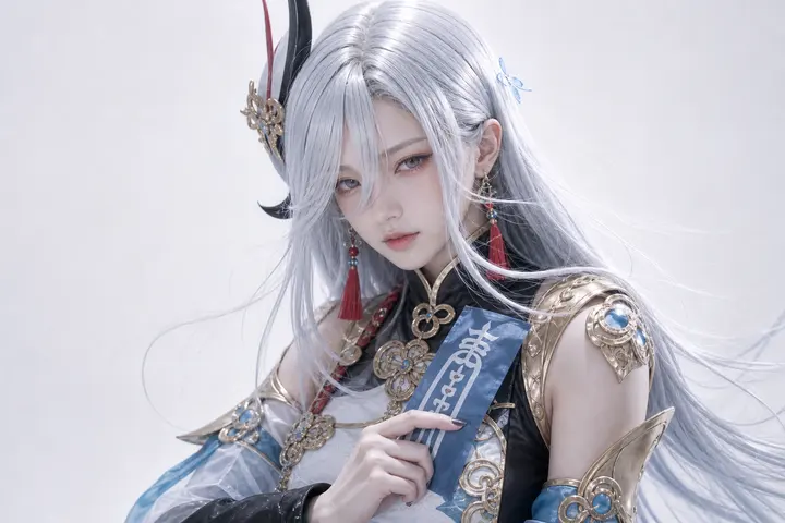 申鹤手持符纸静默特写 Cosplay 拍摄动作参考图