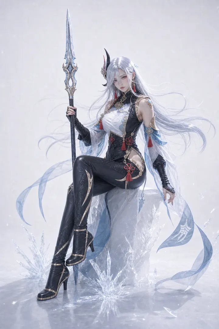 申鹤坐姿持枪冰晶 Cosplay 拍摄动作参考图