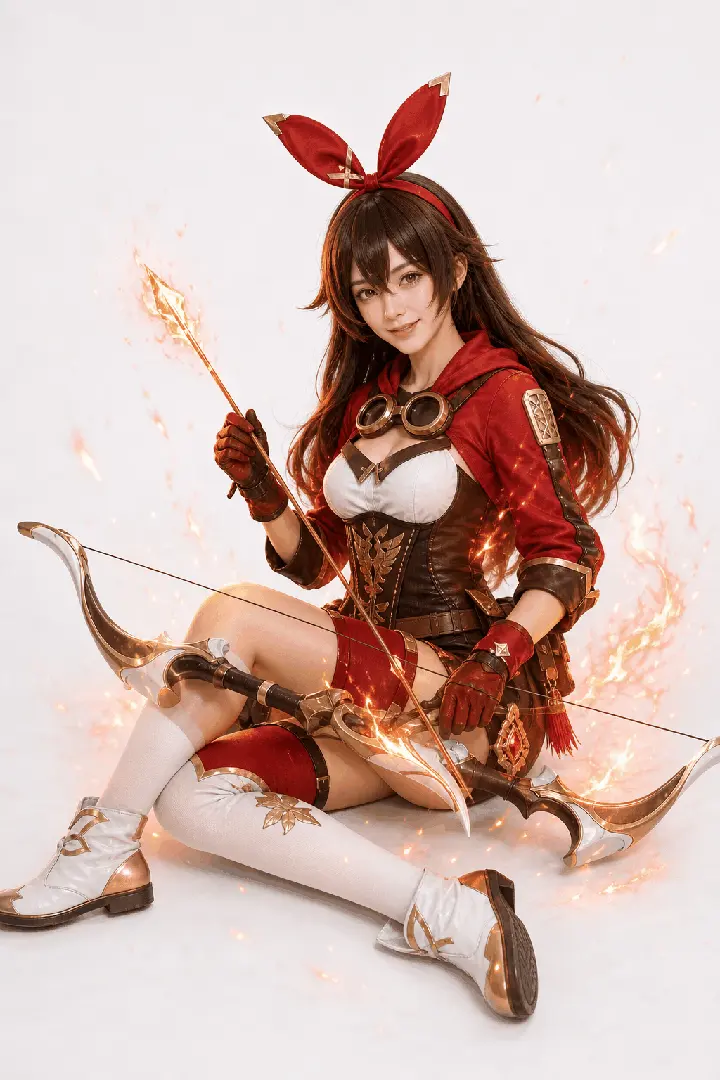 安柏全身侧坐持弓 Cosplay 拍摄动作参考图