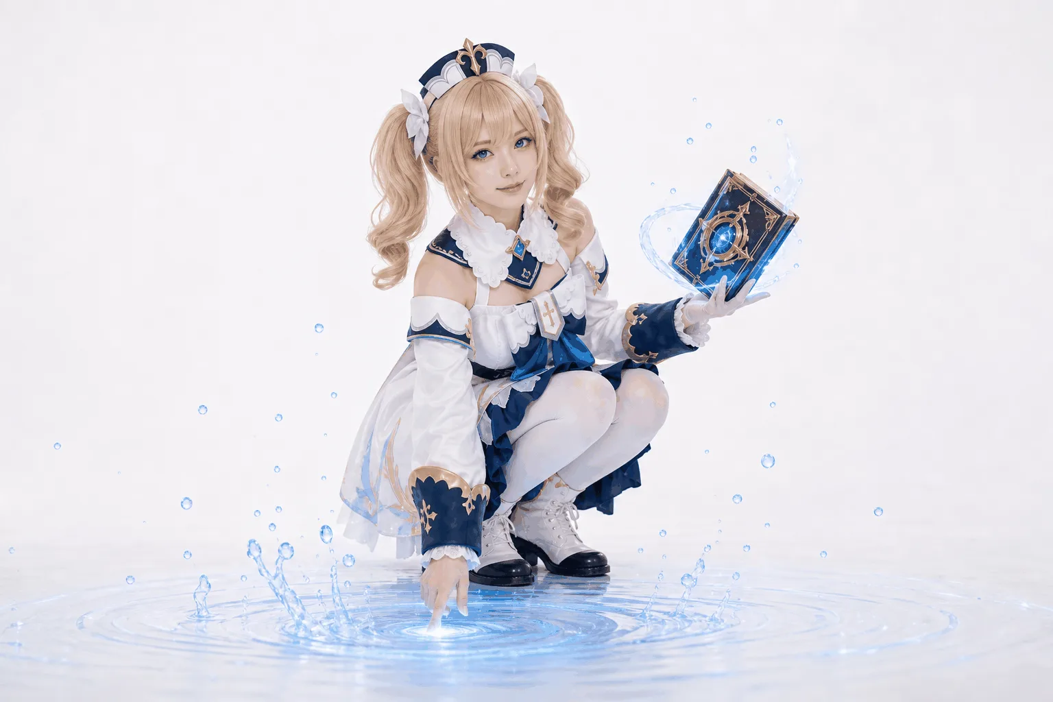 芭芭拉半身下蹲点地施法 Cosplay 拍摄动作参考图