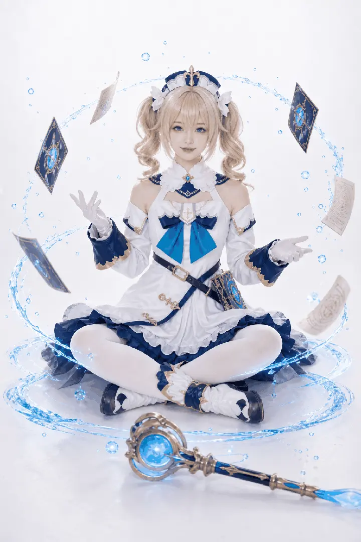 芭芭拉全身盘腿坐姿法器环绕 Cosplay 拍摄动作参考图
